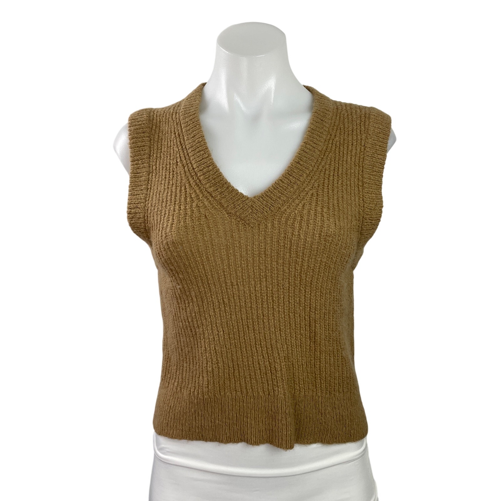 Madewell Women's Tan Sleeveless Ribbed Knit V Neck Tank Sweater Vest Top Size S